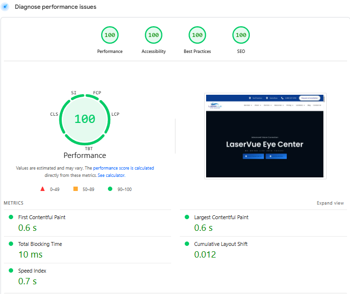 PageSpeed Insights report showing perfect scores across performance, accessibility, best practices, and SEO